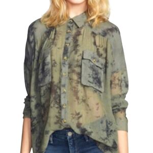 Free People Tie Dye Flowy Button Down Blouse Olive Green